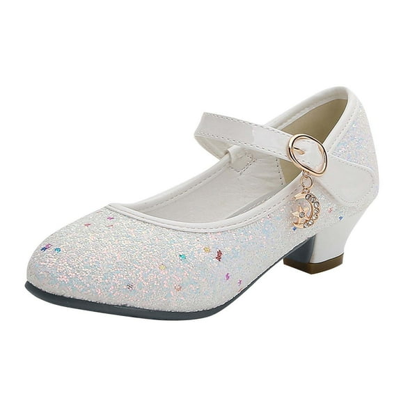 Xfvqtps Kids Girls Dress Shoes Low Heels Sequins Rhinestone Hook and Loop Glitter Sparkling Blingbling Ballet Performance Wedding Party Mary Jane Princess Shoes White
