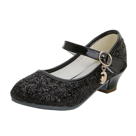 Xfvqtps Kids Girls Dress Shoes Low Heels Sequins Rhinestone Hook and Loop Glitter Sparkling Blingbling Ballet Performance Wedding Party Mary Jane Princess Shoes Black