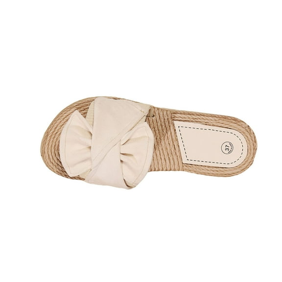 Xfvqtps New Ladys Slippers Bowknot Straw Sole Flat Bottomed Open Toe Comfortable Non-Slip Vacation Beach Summer EVA Slippers Beige-01