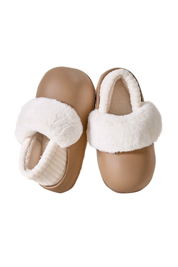 New Women Fuzzy Slippers Fluffy Furry Fleece Lining Cover Heel Solid Color Thick Sole Waterproof Non-Slip Comfortable Cozy Indoor and Outdoor Warm Winter PVC Casual Shoes