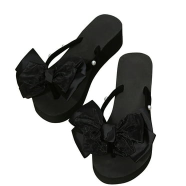 Xfvqtps New Womens Flip Flops Large Size Glitter Color Bowknot Rhinestone Pearl Thick Bottom Platform Wedge Split Toe Summer Beach Casual Shoes Black