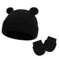 thumbnail image 1 of Xfvqtps Newborn Baby Beanie and Mittens 2PCS Knit Soft Stretch Hat with Two Bear Cute Ears Solid Color Windproof Coldproof Warm Hats and Gloves for 6-12 Months Black, 1 of 3