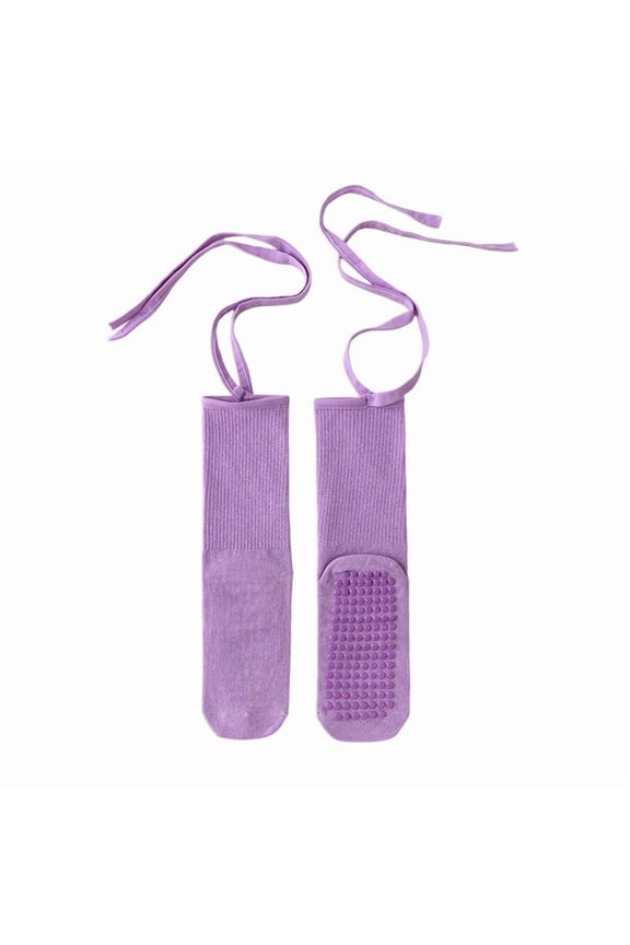 Non Slip Pilates Yoga Tie Socks with Grips for Women Lace Up Colorful Sweat Absorbing Sports Socks Crew Socks for Dance Ballet Purple