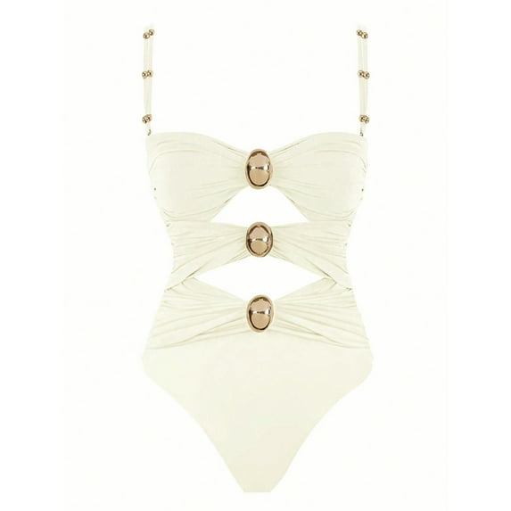 Xfvqtps One Piece Swimsuit Women Cutout Ruched Metal Decor Tummy Control Monokini Bathing Suit for Beach White