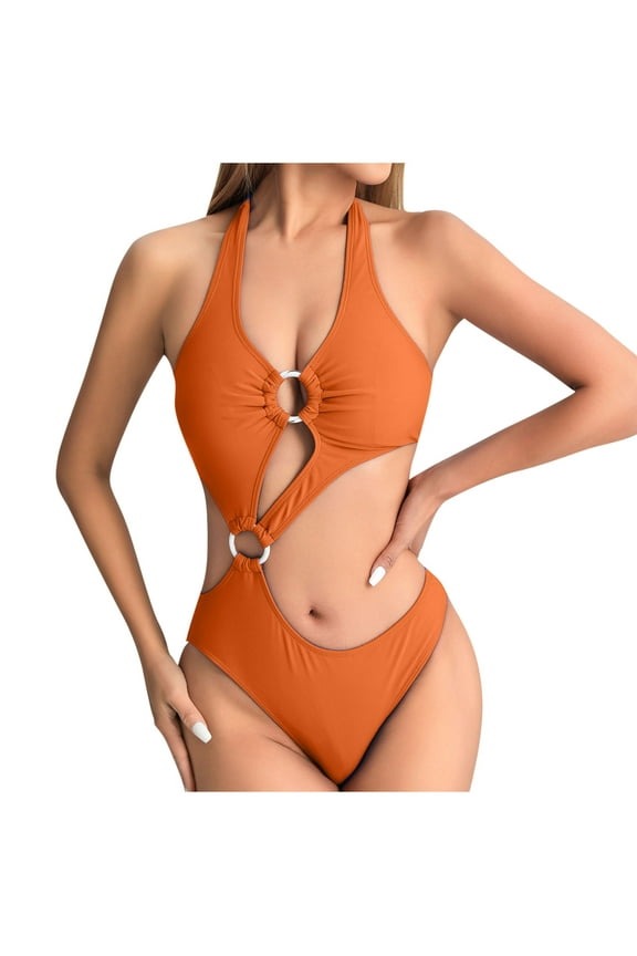 One Piece Swimsuit for Women Halter Deep V Neck High Cut Front Double Ring Hollow Waist Midriff-Baring Irregular Solid Color Beach Summer Bathing Suit Swimwear Orange