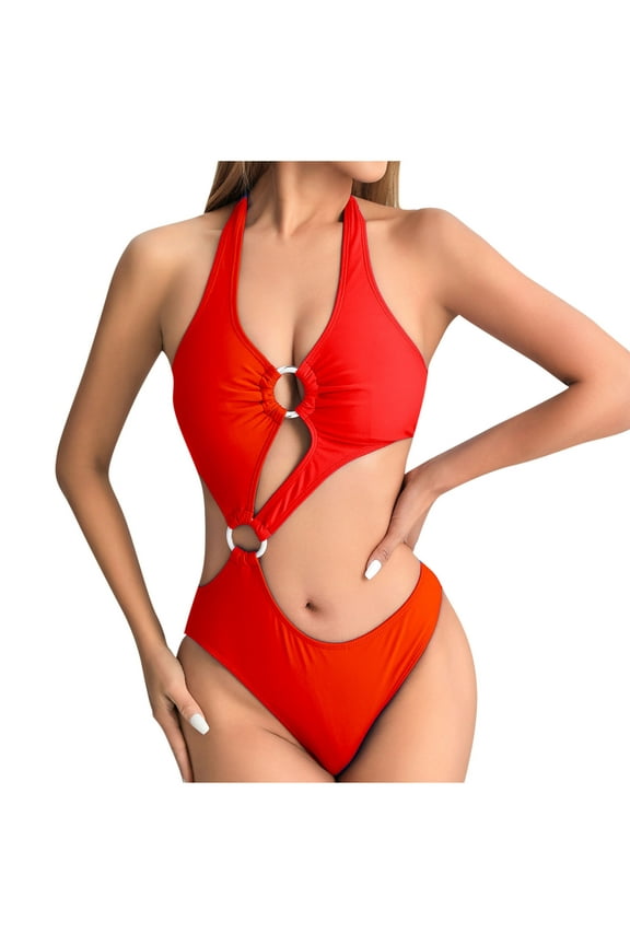 One Piece Swimsuit for Women Halter Deep V Neck High Cut Front Double Ring Hollow Waist Midriff-Baring Irregular Solid Color Beach Summer Bathing Suit Swimwear Red