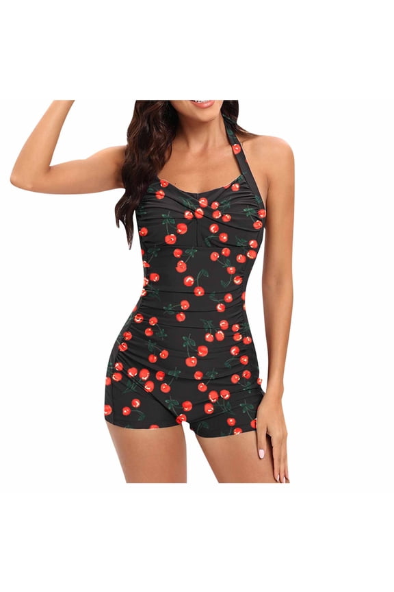 One Piece Swimsuit for Women Halter Lace up Ruched Boyleg Fruit Cherry Print Backless Tummy Control Solid Color Retro Beach Summer Bathing Suit Swimwear Black