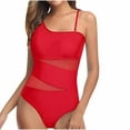 thumbnail image 1 of Xfvqtps One Piece Swimsuit for Women One Shoulder Mesh Put Together Spaghetti Strap High Cut Tummy Control Solid Color Beach Summer Bathing Suit Swimwear Red, 1 of 5