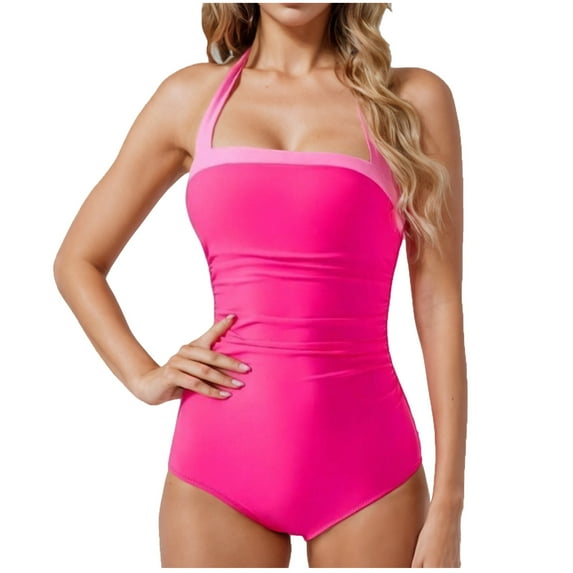 Xfvqtps One Piece Swimsuit for Women Halter Ruched High Cut Tummy Control Color Block Beach Summer Bathing Suit Swimwear Pink