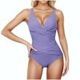 thumbnail image 1 of Xfvqtps One Piece Swimsuit for Women V Neck Cross Ruched Adjustable Shoulder Strap Athletic Solid Color Beach Summer Monokini Swim Suit Purple, 1 of 6