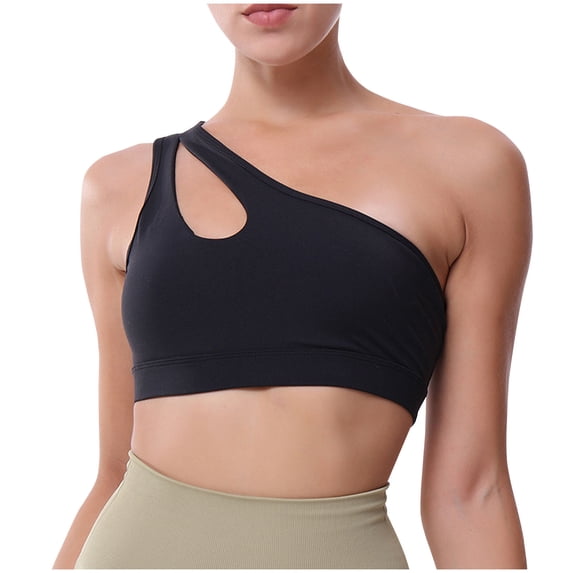 Xfvqtps One Shoulder Sports Bra for Women Solid Color Crop Workout Yoga Bra Medium Support Black