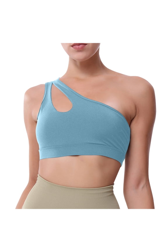 One Shoulder Sports Bra for Women Solid Color Crop Workout Yoga Bra Medium Support Light Blue