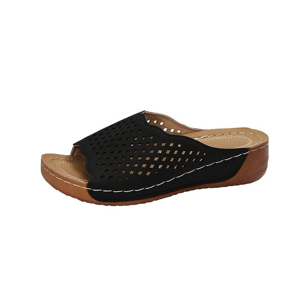 Xfvqtps Orthopedic Sandals for Women Arch Support Peep Toe Slip on Hollow out Soft Sole Comfortable Breathable Casual Summer Beach Walking Wedge Shoes Black