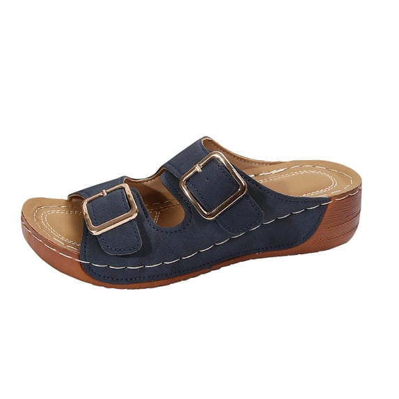 Xfvqtps Orthopedic Sandals for Women Arch Support Slip on Double Strap Buckle Decoration Open Toe Soft Sole Comfortable Breathable Casual Summer Beach Walking Wedge Shoes Blue