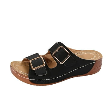 Xfvqtps Orthopedic Sandals for Women Arch Support Slip on Double Strap Buckle Decoration Open Toe Soft Sole Comfortable Breathable Casual Summer Beach Walking Wedge Shoes Black