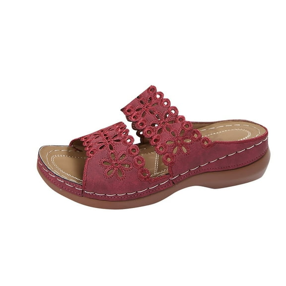 Xfvqtps Orthopedic Sandals for Women Arch Support Slip on Double Strap Flower Hollow out Open Toe Soft Sole Comfortable Breathable Casual Summer Beach Walking Wedge Shoes Red