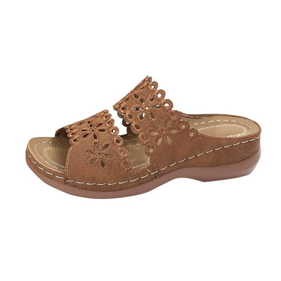 Xfvqtps Orthopedic Sandals for Women Arch Support Slip on Double Strap Flower Hollow out Open Toe Soft Sole Comfortable Breathable Casual Summer Beach Walking Wedge Shoes Brown
