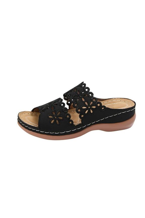 Orthopedic Sandals for Women Arch Support Slip on Double Strap Flower Hollow out Open Toe Soft Sole Comfortable Breathable Casual Summer Beach Walking Wedge Shoes Black
