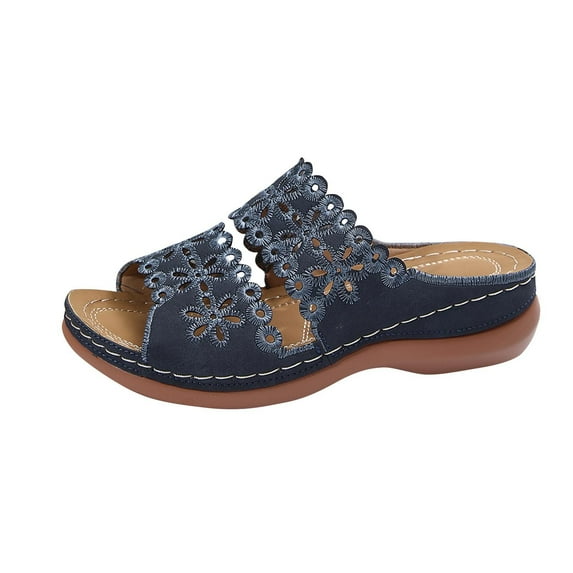 Xfvqtps Orthopedic Sandals for Women Arch Support Slip on Double Strap Flower Hollow out Open Toe Soft Sole Comfortable Breathable Casual Summer Beach Walking Wedge Shoes Blue