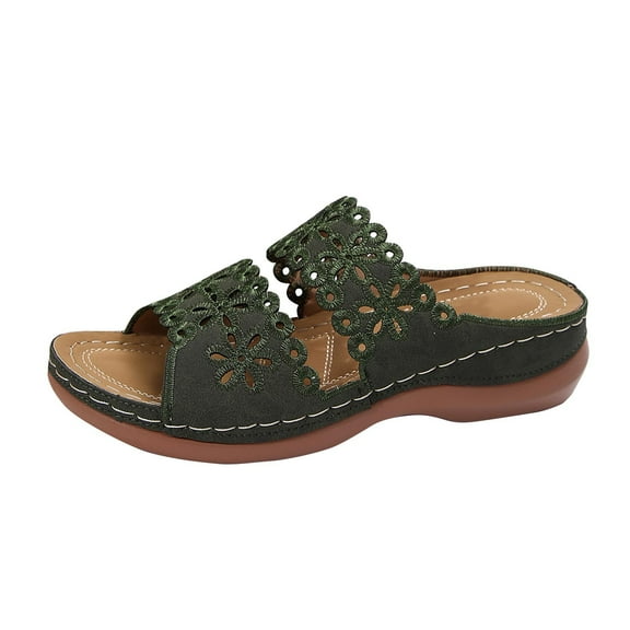 Xfvqtps Orthopedic Sandals for Women Arch Support Slip on Double Strap Flower Hollow out Open Toe Soft Sole Comfortable Breathable Casual Summer Beach Walking Wedge Shoes Green