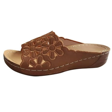 Xfvqtps Orthopedic Sandals for Women Arch Support Slip on Flower Hollow out Design Open Toe Soft Sole Comfortable Breathable Casual Summer Beach Walking Wedge Shoes Brown