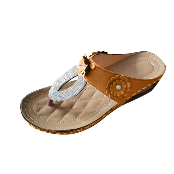 Xfvqtps Orthopedic Sandals for Women Flip Flops Arch Support Rhinestone Flower Decoration Soft Sole Comfortable Breathable Casual Summer Beach Walking Wedge Shoes Orange