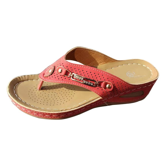 Xfvqtps Orthopedic Sandals for Women Flip Flops Arch Support Rhinestone Metal Decoration Soft Sole Comfortable Breathable Casual Summer Beach Walking Wedge Shoes Red