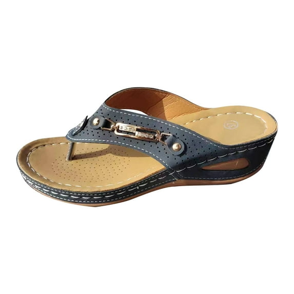 Xfvqtps Orthopedic Sandals for Women Flip Flops Arch Support Rhinestone Metal Decoration Soft Sole Comfortable Breathable Casual Summer Beach Walking Wedge Shoes Blue