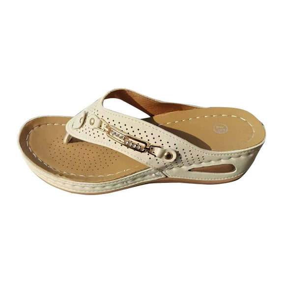 Xfvqtps Orthopedic Sandals for Women Flip Flops Arch Support Rhinestone Metal Decoration Soft Sole Comfortable Breathable Casual Summer Beach Walking Wedge Shoes Beige