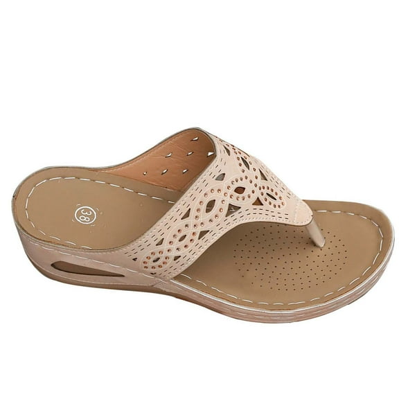 Xfvqtps Orthopedic Sandals for Women Flip Flops Arch Support Rhinestone Wave Soft Sole Comfortable Breathable Casual Summer Beach Walking Wedge Shoes Beige