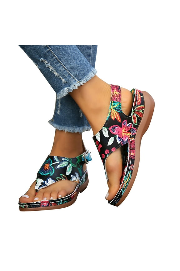 Orthopedic Sandals for Women Flip Flops Arch Support Slingback Adjustable Buckle Colorful Flower Print Soft Sole Non Slip Comfortable Beach Summer Sandals Black