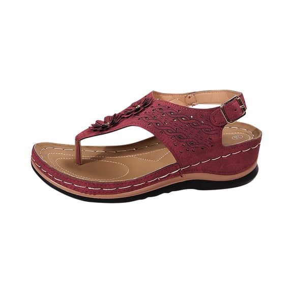 Xfvqtps Orthopedic Sandals for Women Flip Flops Slingback Arch Support Hollow out Flower Decoration Soft Sole Comfortable Breathable Casual Summer Beach Walking Wedge Shoes Red