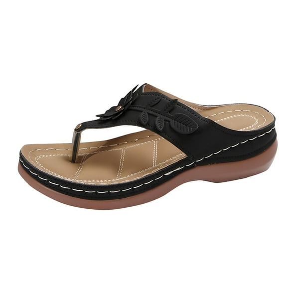 Xfvqtps Orthopedic Sandals for Women Flip Flops Slip on Arch Support Flower Decoration Soft Sole Comfortable Breathable Casual Summer Beach Walking Wedge Shoes Black