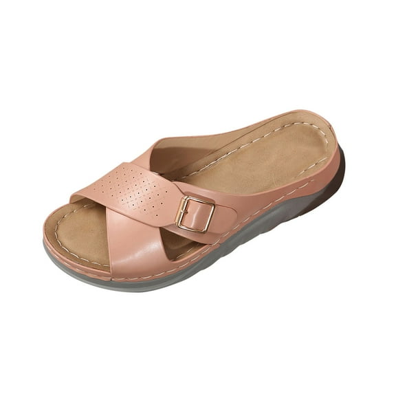 Xfvqtps Orthopedic Sandals for Women Slide Arch Support Peep Toe Cross Straps Buckle Decor Soft Sole Comfortable Casual Summer Beach Walking Wedge Sandals Pink