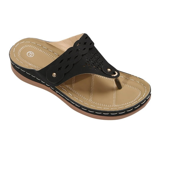 Xfvqtps Orthopedic Sandals for Women Wedge Shoes Flip Flops Arch Support Hollow out Soft Sole Comfortable Breathable Casual Summer Beach Walking Sandals Black