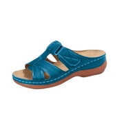 Xfvqtps Orthopedic Sandals for Women Wedge Slide Hook and Loop Straps Cross Straps Open Toe Soft Sole Non Slip Breathable Beach Summer Walking Sandals Light Blue