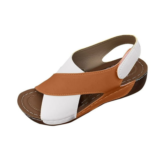 Xfvqtps Orthopedic Sandals for Women Wedge Slingback Hook and Loop Cross Straps Color Block Open Toe Thick Soft Sole Breathable Comfortable Walking Sandals Brown