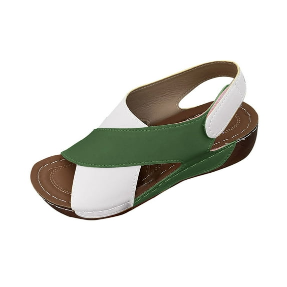 Xfvqtps Orthopedic Sandals for Women Wedge Slingback Hook and Loop Cross Straps Color Block Open Toe Thick Soft Sole Breathable Comfortable Walking Sandals Green