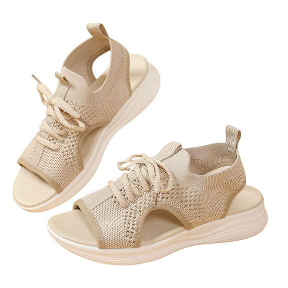 Xfvqtps Orthopedic Sandals for Women Mesh Lace up Hollow out Open Toe Slip on Thick Soft Sole Beach Summer Sandals Beige