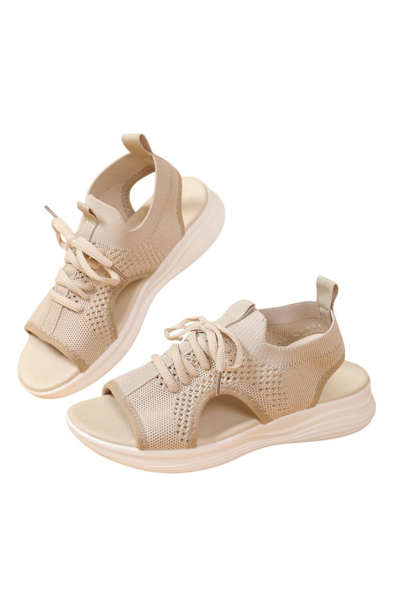 Orthopedic Sandals for Women Mesh Lace up Hollow out Open Toe Slip on Thick Soft Sole Beach Summer Sandals Beige