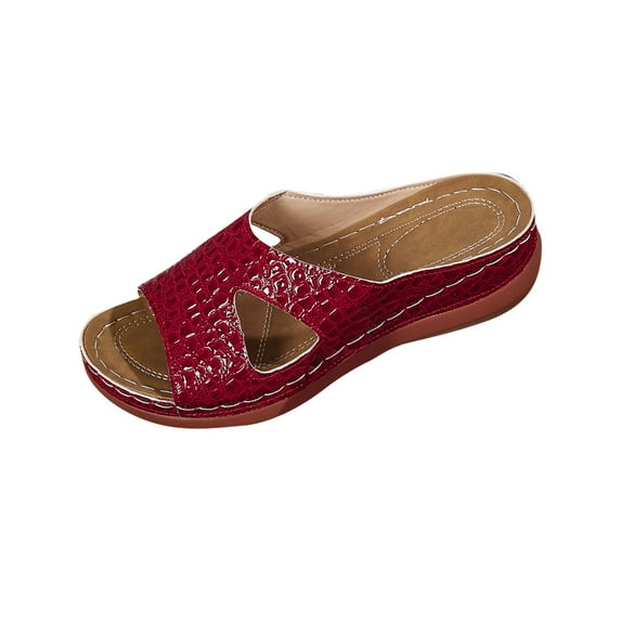 Xfvqtps Orthopedic Sandals for Women Slide Stone Embossing Arch Support Open Toe Soft Sole Comfortable Casual Summer Beach Walking Wedge Sandals Red
