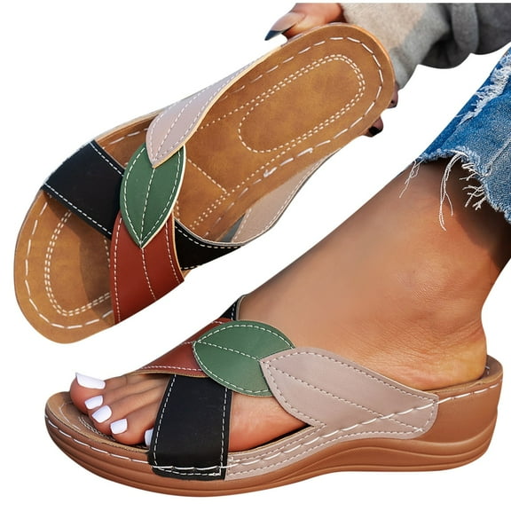 Xfvqtps Orthopedic Sandals for Women Wedge Slide Cross Straps Color Block Open Toe Soft Sole Non Slip Comfortable Walking Sandals Black