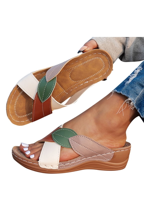 Orthopedic Sandals for Women Wedge Slide Cross Straps Color Block Open Toe Soft Sole Non Slip Comfortable Walking Sandals Brown