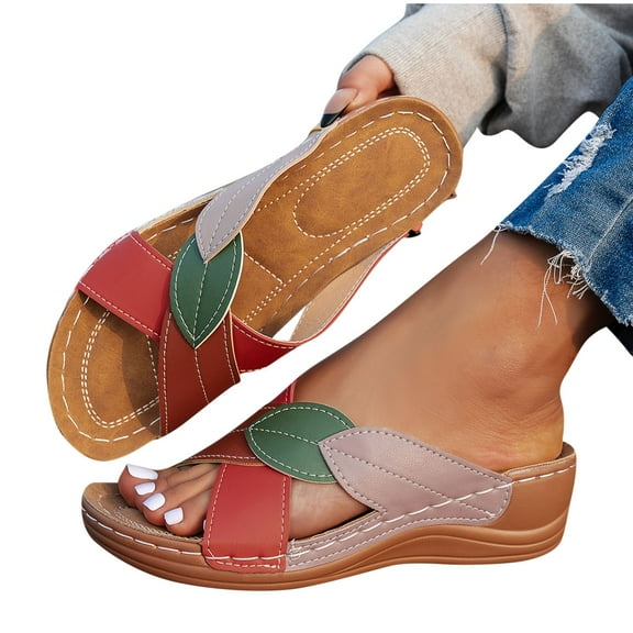 Xfvqtps Orthopedic Sandals for Women Wedge Slide Cross Straps Color Block Open Toe Soft Sole Non Slip Comfortable Walking Sandals Red
