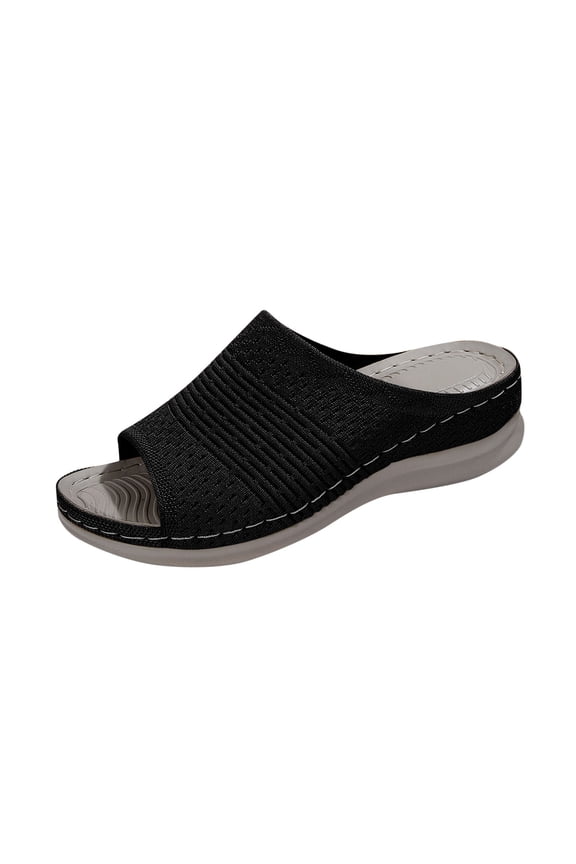 Orthopedic Sandals for Women Wedge Slide Knit Mesh Hollow out Open Toe Soft Sole Non Slip Breathable Beach Summer Walking Sandals Black