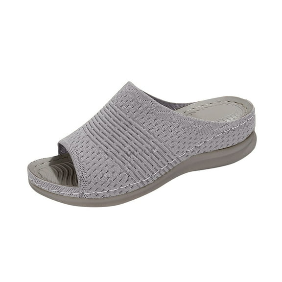 Xfvqtps Orthopedic Sandals for Women Wedge Slide Knit Mesh Hollow out Open Toe Soft Sole Non Slip Breathable Beach Summer Walking Sandals Gray
