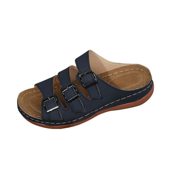 Xfvqtps Orthopedic Sandals for Women Wedge Slide Three Buckle Straps Open Toe Soft Sole Non Slip Beach Summer Walking Sandals Navy
