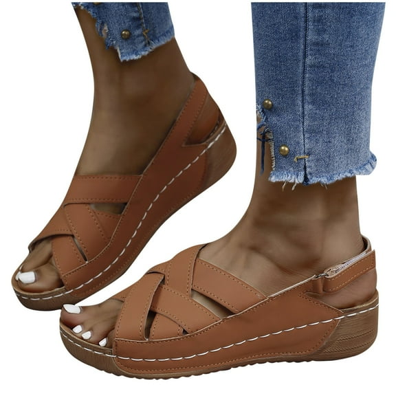 Xfvqtps Orthopedic Sandals for Women Wedge Slingback Hook and Loop Cross Straps Open Toe Soft Sole Breathable Comfortable Walking Sandals Brown