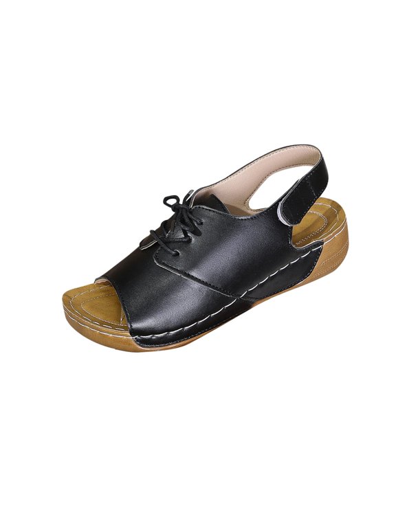 Orthopedic Sandals for Women Wedge Slingback Hook and Loop Lace up Decor Open Toe Soft Sole Non Slip Leather Summer Sandals Black