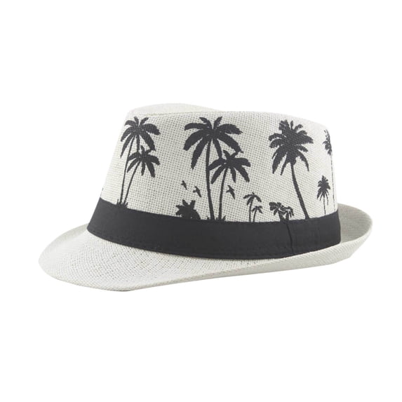 Xfvqtps Panama Straw Hats Short Brim Straw Hat Palm Tree Print Sunscreen Summer Beach Sun Hat Cap for Men Women